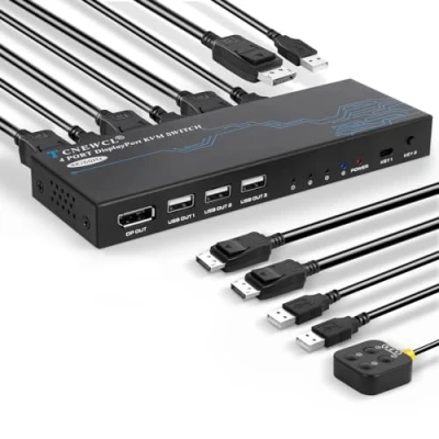 Afbeelding van TCNEWCL Displayport KVM Switch 4 Port, 4K @60Hz DP en USB schakelaar voor PC&#039;s Share 1 Monitor Toetsenbord Muis, 2.0 laptop, PC, Xbox HDTV met kabels
