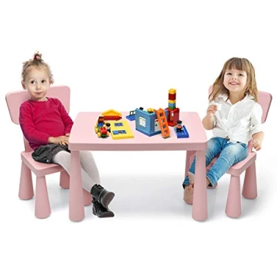 Afbeelding van COSTWAY 3 delig kinderzitgroep, kindertafelgroep, kindertafel met 2 stoelen, kindermeubels van kunststof, kinderplacemat voor kleuterschool en kinderkamer (roze)