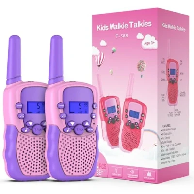 Afbeelding van Kearui Speelgoed van 3 12 jaar, walkietalkies voor kinderen, 8 kanaals radio met lcd zaklamp, bereik mijl, avonturen in de open lucht, kamperen, wandelen (lichtroze)