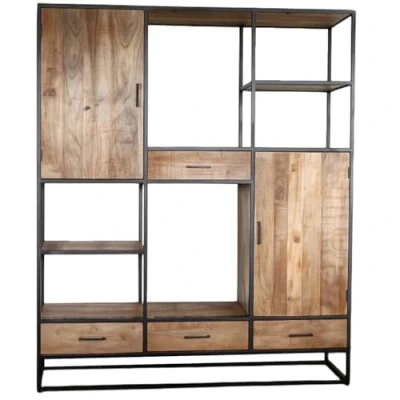 Afbeelding van Kast industrieel mangohout Dani bruin mango hout wandkast 200cm vakkenkast duurzaam