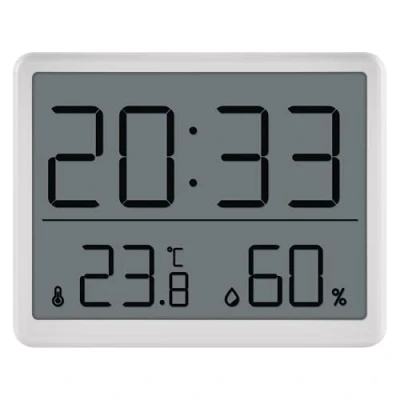 Afbeelding van EMOS Digitale kamerthermometer en hygrometer met klok om neer te zetten/ophangen/magneethouder LCD display weergave van minimum maximumwaarden, datum, wekker incl. batterij wit