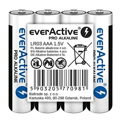 Afbeelding van everActive AAA batterijen pak van 10, Pro Alkaline, Micro LR03 R03 1,5 V, hoogste prestaties, 10 jaar houdbaarheid, verpakking 4 stuks