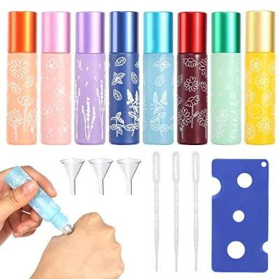 Afbeelding van prota 8 stuks roll on flessen, leeg met roestvrijstalen roller, 10 ml glazen flessen voor etherische oliën, navulbare fles oliën en parfums