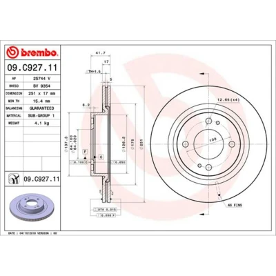 Afbeelding van BREMBO 09.C927.11 Remschijf 251 17 4 interne ventilatie Gecoat MITSUBISHI: Mirage / Space Star Hatchback
