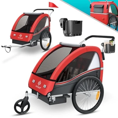 Afbeelding van KESSER® Kinderfietskar Sport RX 2 in 1, fietsaanhanger voor 1 tot kinderen, max. 40 kg 5 punts veiligheidsgordel, 360 graden draaibaar voorwiel, jogger, Rood