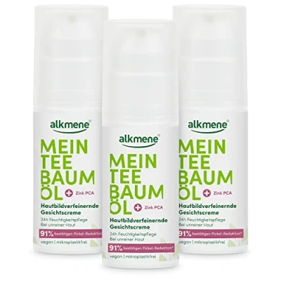 Afbeelding van alkmene theeboomolie gezichtscrème 3 x 50 ml puistjesreductie 91% bevestigd natuurzuivere theeboomolie, veganistisch en klimaatneutraal crème voor puistjes met 24 uur