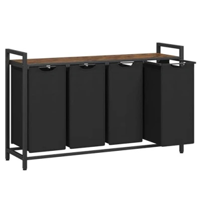 Afbeelding van VASAGLE wasmand met 4 compartimenten, plank, wasbox, waszak van Oxfordstof, uitschuifbaar en verwijderbaar, metalen frame, x 40 L, 116 33 72 cm, vintage bruin zwart BLH401B01
