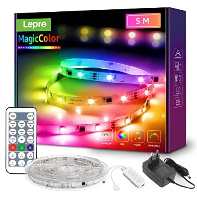 Afbeelding van RGBIC Ledstrip, 5 m, Lepro 150 leds, lichtketting, MagicColor, muziekband met afstandsbediening, waterdicht IP65, dimbaar, kleurrijke ketting, lichtstrip voor feest, kerstdecoratie