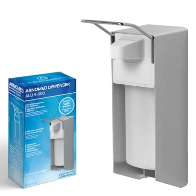 Afbeelding van ARNOMED 1x aluminium desinfectiemiddeldispenser, desinfectiemiddeldispenser voor 500 ml, dispenser met korte armhendel, zeepdispenser wandmontage, zeepdispenser, wand