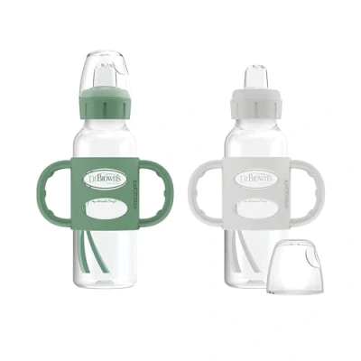 Afbeelding van Dr. Brown&#039;s Milestones Smalle overgangsfles met siliconen handgrepen 8 oz 250 ml 6m+ groen en grijs 2 pack