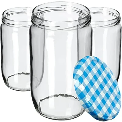 Afbeelding van KADAX Weckpotten, 720 ml, inmaakpotten voor schroefdeksel, jampot, voorraadpot, conservenglas, ronde potten (blauw geruit, 8 stuks)