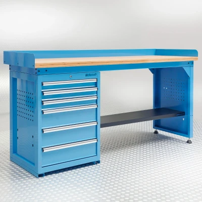 Afbeelding van Datona Werkbank PRO Bamboe Werkblad 6 Lades 200 Cm Blauw (200 x 64 95 cm)