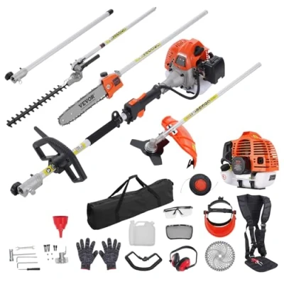Afbeelding van VEVOR 43CC 6 in 1 multifunctionele trimgereedschap, gasheggenschaar, onkruideter, draadtrimmer, bosmaaier, randzaag, kettingzaagsnoeischaar met verlengstang