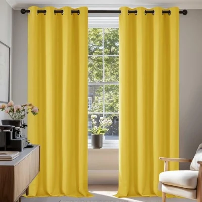 Afbeelding van Deconovo Gordijnen Verduisterend, Kant en Klaar, Thermische met Ringen voor Slaapkamer 107x242 cm (B x H), 2 stuks, Citroengeel