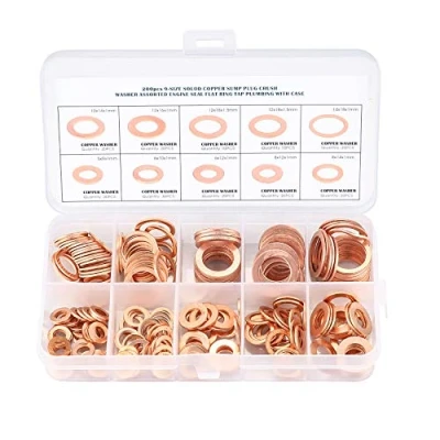 Afbeelding van 200 stuks sluitringen, koperen platte afdichtringen, assortiment voor schroeven (M5, M6, M8, M10, M12, M14)