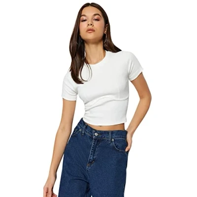 Afbeelding van Trendyol Zwarte Cropped Geribde Elastische Gebreide Blouse Met Ronde Hals En Gedetailleerde Biezen Twoaw21Bz0638
