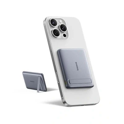 Afbeelding van Baseus Mini MagSafe Powerbank 5000mAh Qi2 gecertificeerd met opvouwbare standaard, PD 20W Magnetic Power Bank USB C Wireless Compatibel iPhone 16/15/14/13 / 12 Pro/Pro Max Series, Grijs