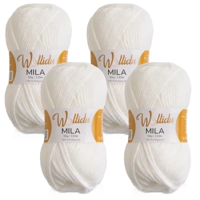 Afbeelding van Wollidu Mila garen voor haken en breien, 4 x 50 g/133 m, breigaren, 100% polyacryl, haakgaren, wit