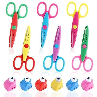 Afbeelding van Knutselschaar voor kinderen, 6 delige set kinderschaar met stuks papierpons, verschillende snijvormen, papierschaar kleuterschool, beginnersschaar, doe het zelf handwerk