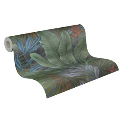 Afbeelding van JUNGLESTIJL BLADEREN BEHANG Botanisch Grijs Groen Rood Meerkleurig Livingwalls Stories of Life