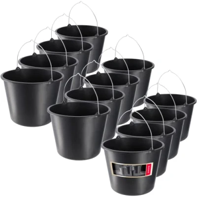 Afbeelding van KADAX Bouwemmer, 20 liter, mortelemmer van kunststof, ronde emmer voor bouwplaats en tuin, stabiele wateremmer, cementemmer met handvat metaal, mortelbak, zwart, poetsemmer (12)