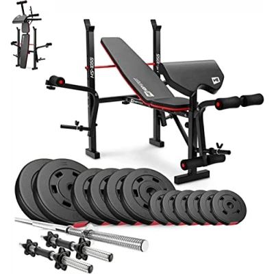 Afbeelding van Hop Sport Verstelbare Fitnessbank HS 1055 met Curlpult, Vlinder en Beencurler incl. 38 kg 129,5 Halterset naar Keuze Lange Curlstang (92kg Lang, Kort &amp; SZ Curlhalter)