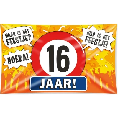 Afbeelding van Gevelvlag 16 jaar verkeersbord XXL 150x90cm