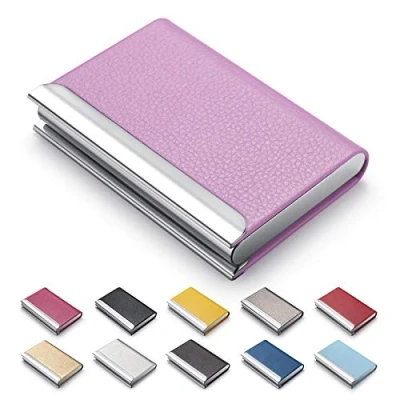 Afbeelding van Visitekaarthouder, luxe PU lederen visitekaartjesetui naam Kaarthouder &amp; RVS Multi Card Case Portemonnee Credit ID Case, Slanke Metalen Pocket met Magnetische Sluiting (Roze)