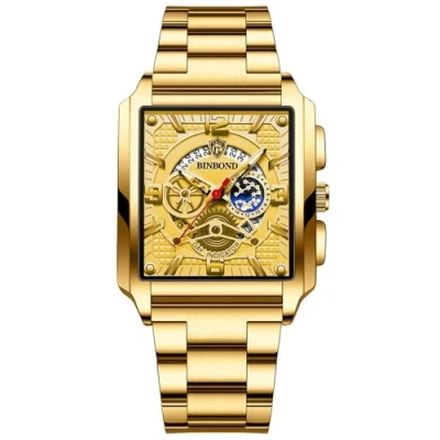 Afbeelding van JewelryWe Horloges heren roestvrij staal vierkant luxe datum kalender 30m waterdicht analoog kwarts polshorloge mannen stalen armband horloge met gouden rechthoekige wijzerplaat en