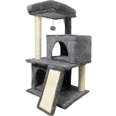 Afbeelding van FLOPI Donkergrijze kattenboom 44,5 x 48 86 cm Donkergrijs 1 platform, speelbal, 2 kennels, helling