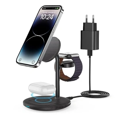 Afbeelding van Magsafe laadstation, 3 in 1 laadstation Apple Watch en iPhone, 15 W inductief compatibel met Mag Safe laadstandaard voor iPhone 15, 14, 13, 12, iWatch Ultra/8/7/SE/6/5/4/3, AirPods