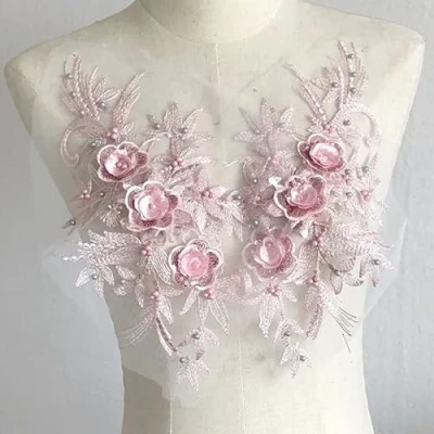 Afbeelding van Yulakes Een paar roze borduursel kant applicatie patch pailletten hals kraag bruiloft elegante jurk naaien DIY bruidsjurk decoratie kleding accessoires
