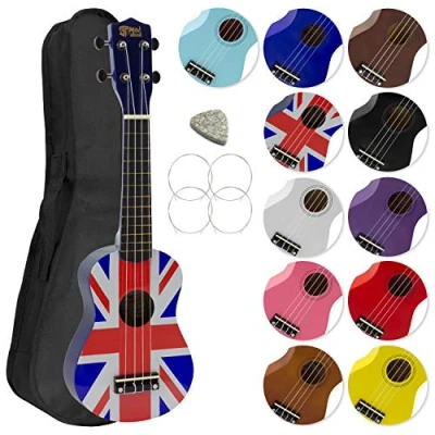 Afbeelding van Mad About SU8 Sopraan Ukulele met gratis gigbag, pick en reservesnaren geweldig voor scholen beginners, nu Carbon Black Strings verbeterde Tuning Union Jack