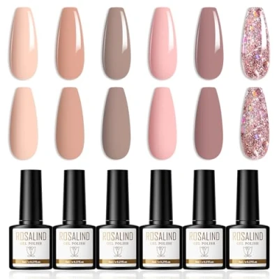 Afbeelding van ROSALIND Gel Nagellak 6 Kleuren Shellac Set Nude Roze Glitter Soak Off UV/LED Gellak Nail Polish Art Manicure 8ml