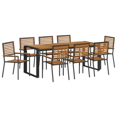 Afbeelding van vidaXL 9 Persoons Tuin Eetset Zwarte Poly Riet Acacia, Stapelbare Tuinstoelen met Kussens 2 stuks