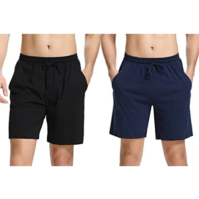 Afbeelding van NC Korte pyjamabroek voor heren, van katoen, bermuda, slaapshorts, pyjamabroek, zomerslaapbroek, vrijetijdsbroek mannen, zwart+blauw, XXL