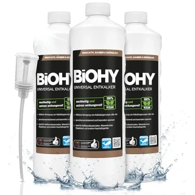 Afbeelding van BiOHY Universele ontkalker (3 x 1l Fles) + doseerder Universeel concentraat voor alle huishoudelijke apparaten Compatibel met koffiemachines en espressomachines (Entkalker)