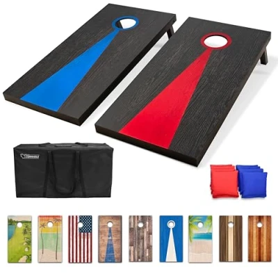 Afbeelding van GoSports 4 x 2 ft regelmaat houten Cornhole Board Set, donker hout ontwerp, inclusief planken, 8 zitzakken, draagtas en spelregels