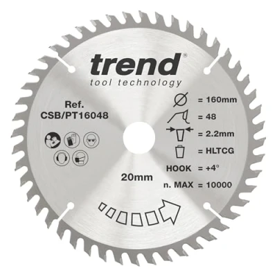 Afbeelding van Trend CraftPro TCT cirkelzaagblad met superfijne afwerking, 160 mm diameter x 48 tanden 20 asgat, wolfraamcarbide getipt, CSB/PT16048