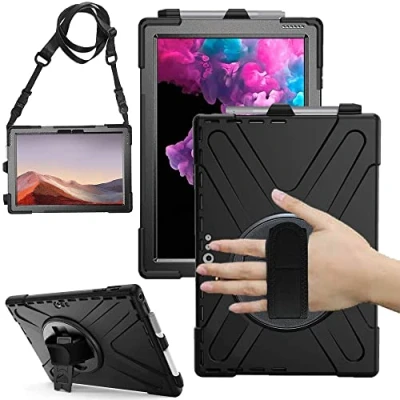 Afbeelding van TECHGEAR X Case past op Microsoft Surface Pro 7/7 Plus 6 5 4 12,3 inch robuuste zware pantser schokbestendig impact hoesje met 360 roterende standaard, handriem en schouderriem zwart