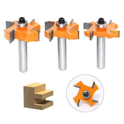 Afbeelding van DingGreat 3 stuks tong en groeffreesset, 8 mm schacht spinbit 4 bladeballen T vormige houtbewerkingsfrees, houtbewerkingsgereedschap voor deuren, tafels, planken, muren meer
