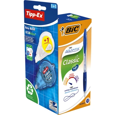 Afbeelding van Balpen BIC Atlantis + gratis Tipp Ex easy medium blauw doos à 12 stuks
