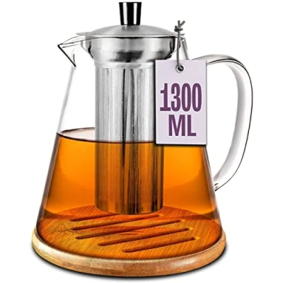 Afbeelding van Cosumy Theepot Glas Met Roestvrijstalen Zeefje 1,3 L Onderzetter Hittebestendig Houdt Lang Warm Vaatwasmachinebestendig