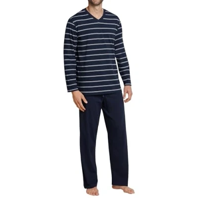 Afbeelding van Schiesser heren pyjama blauw met wit gestreept Maat XXXXXL