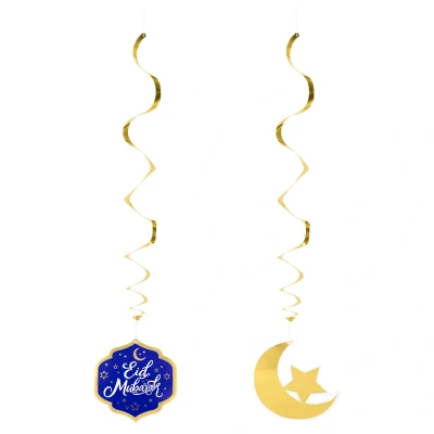 Afbeelding van Eid Mubarak Swirls Blauw Goud 85cm 2 stuks