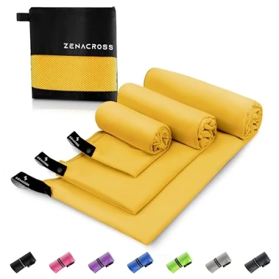 Afbeelding van Zenacross Microvezel Handdoek (Set van 3) met Draagtas Compacte Sport Handdoek, Sneldrogend en Absorberend S, M, L Geel