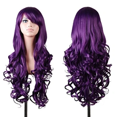 Afbeelding van EmaxDesign 80 cm hoge kwaliteit Cosplay Pruik Voor Vrouwen Lang Vol, Krullend Golvend Hittebestendig. Fashion Glamoureus Haarstuk met gratis Cap &amp; Kam (Kleur: Donker Paars)