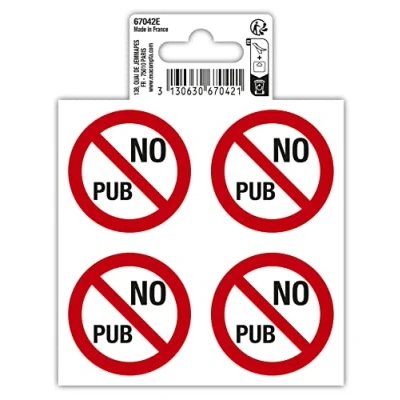 Afbeelding van Exacompta Ref. 67042E 1 zelfklevend pictogram No pub (x4 op een vel) voor brievenbussen Stop In behandeld PVC vinyl Afmetingen : 10 x cm