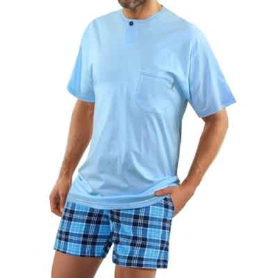 Afbeelding van sesto senso Herenpyjama, korte pyjama, katoen, mouwen, T shirt, pyjamabroek, tweedelige set, shirt lichtblauw; broek wit en blauw geruit, XL