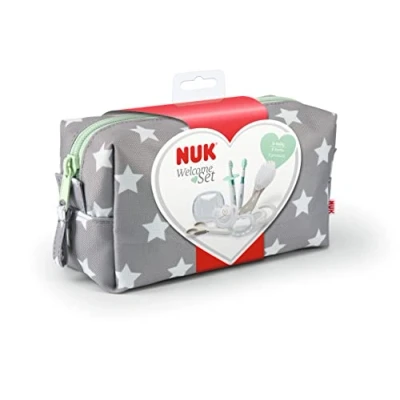 Afbeelding van NUK Babyverzorging Welcome Set, perfecte eerste uitrusting voor pasgeborenen, 7 producten in een mooie tas, stuks (1 stuk), wit/grijs/mint neutraal